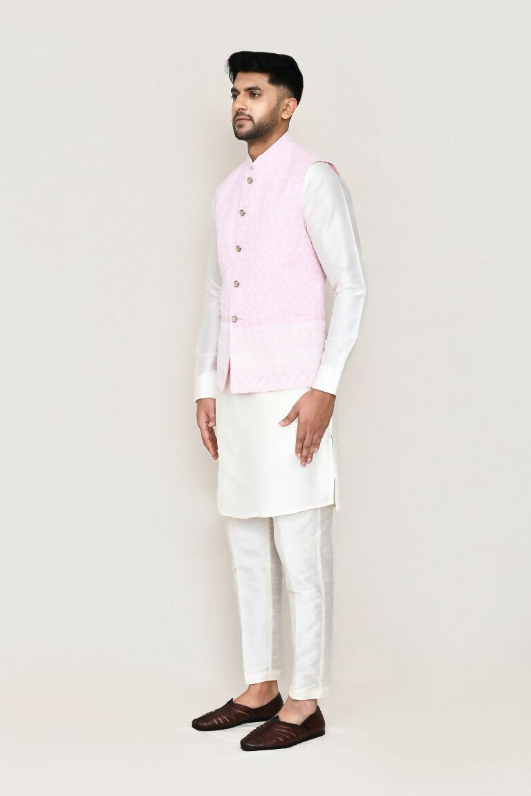 White Art Silk Kurta Set with Matching Jacket and Straight Pants