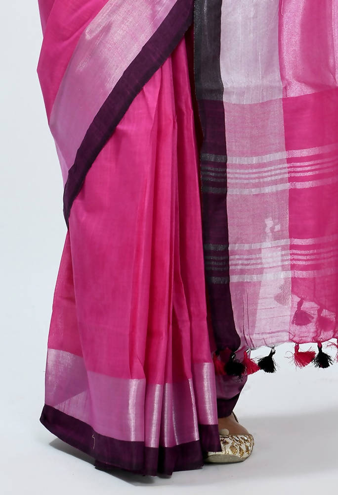 Pink Bhagalpuri Handloom Silk Saree with Contrast Black Blouse