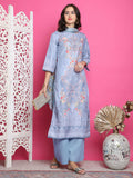 Elegant grey satin kurta featuring digital floral prints and crystal embellishments, includes matching trousers and a dupatta.