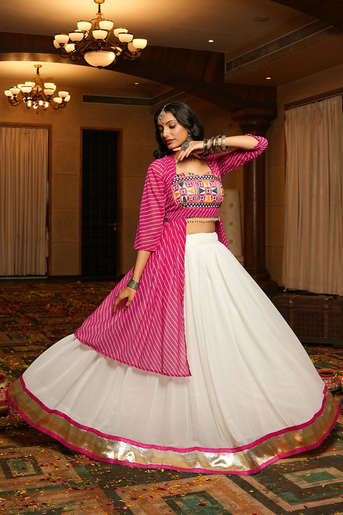 White Georgette Lehenga Choli with Pink Blouse for Navratri