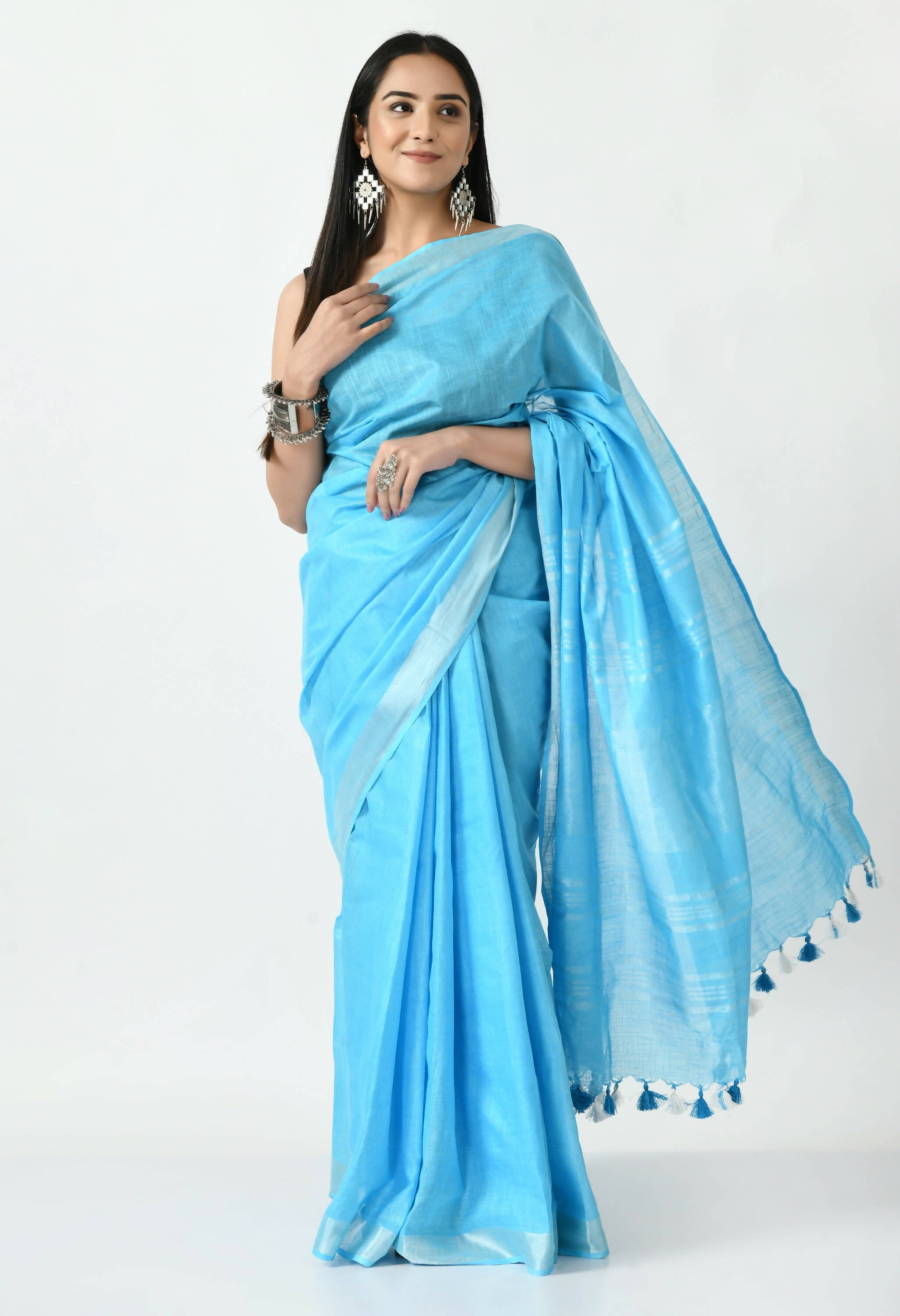 Moeza Sky Blue Bhagalpuri Handloom Silk Linen Saree with silver accents and unstitched blouse piece