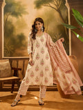 Dista Joban Fashion Printed Cream Pure Cotton Kurta Set featuring a V-neck and 3/4 sleeves