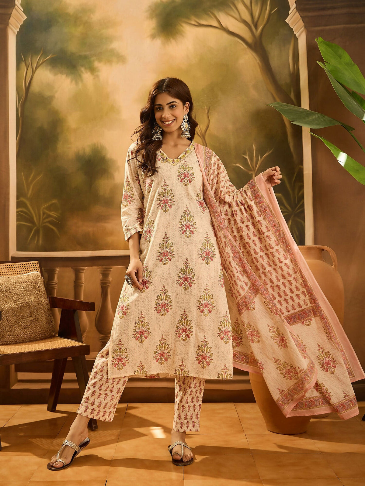 Dista Joban Fashion Printed Cream Pure Cotton Kurta Set featuring a V-neck and 3/4 sleeves