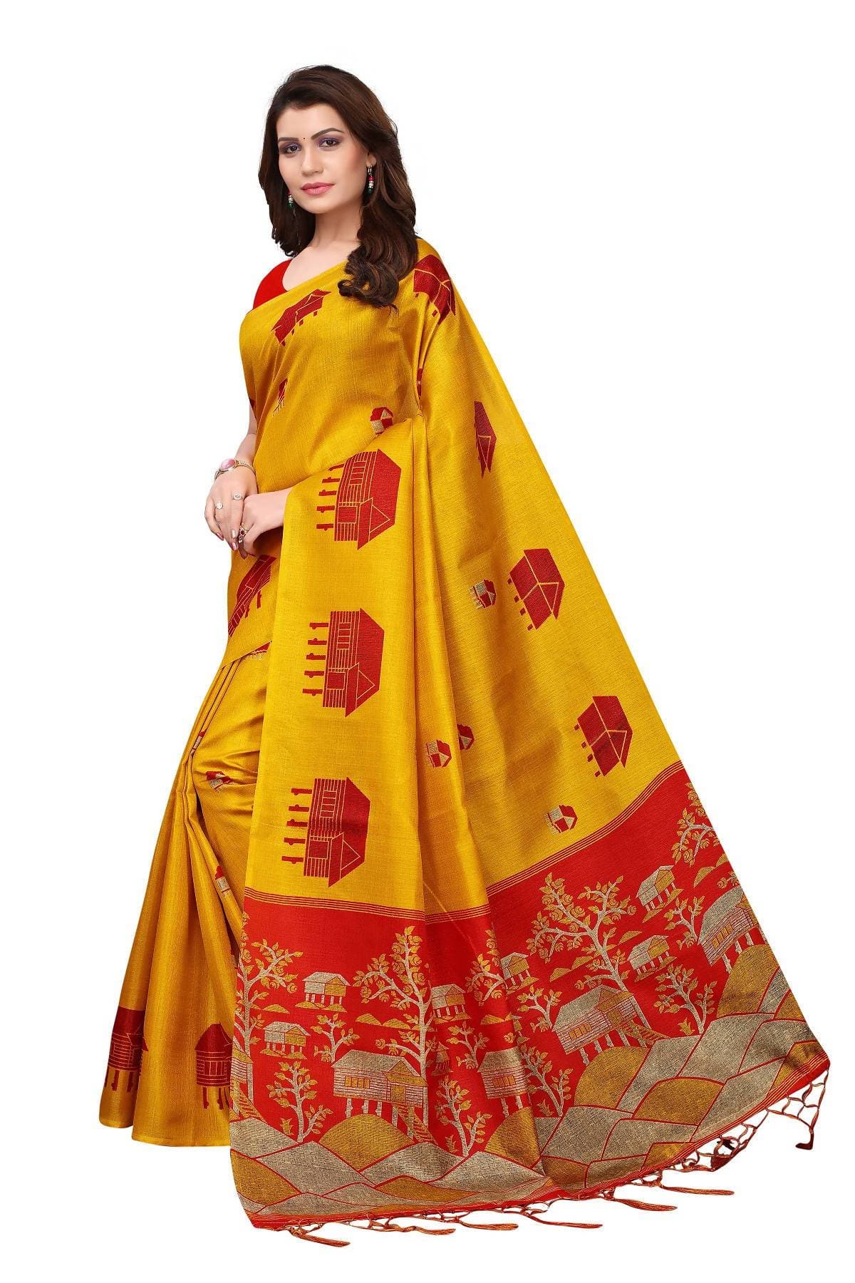 Yellow & Red Kalamkari Khadi Silk Saree with Jhalar Border