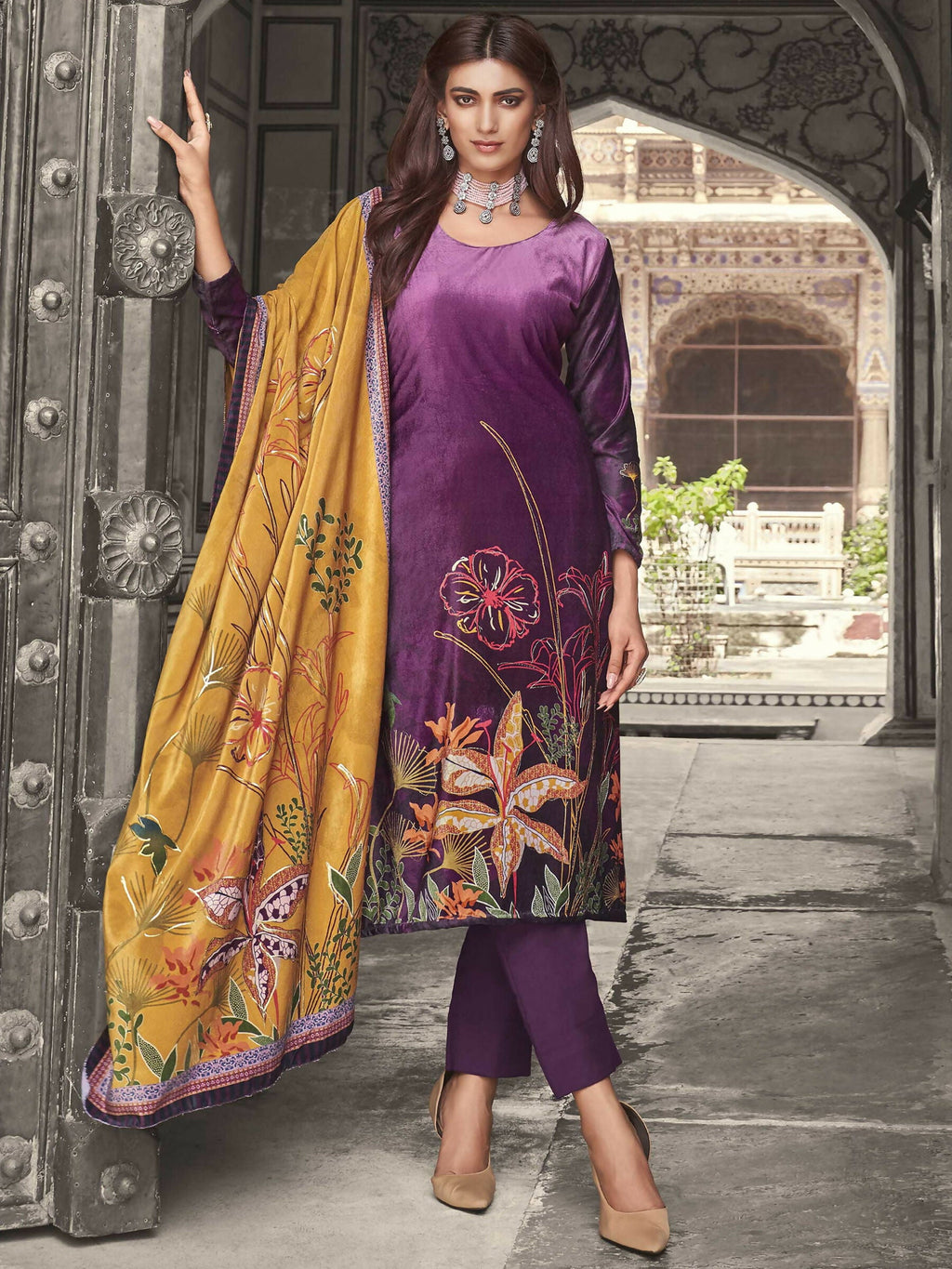 Purple velvet kurta featuring floral digital print with matching palazzo pants and dupatta.