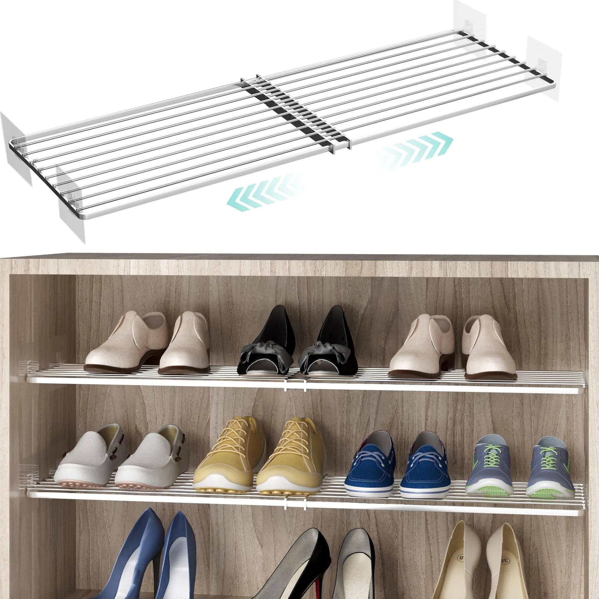 jkxoo Expandable Closet Tension Shelves Organizers Adjustable Wall Mounted Tension Shelf for Cabinet Rack Storage Wardrobe Divider Shelving for Closets Pantry Cupboard Kitchen