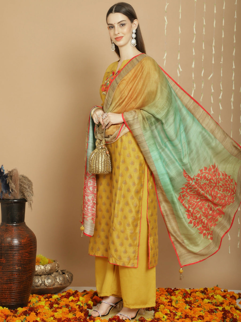 Yellow Chanderi Silk A-Line Kurta Set with Palazzo Pants
