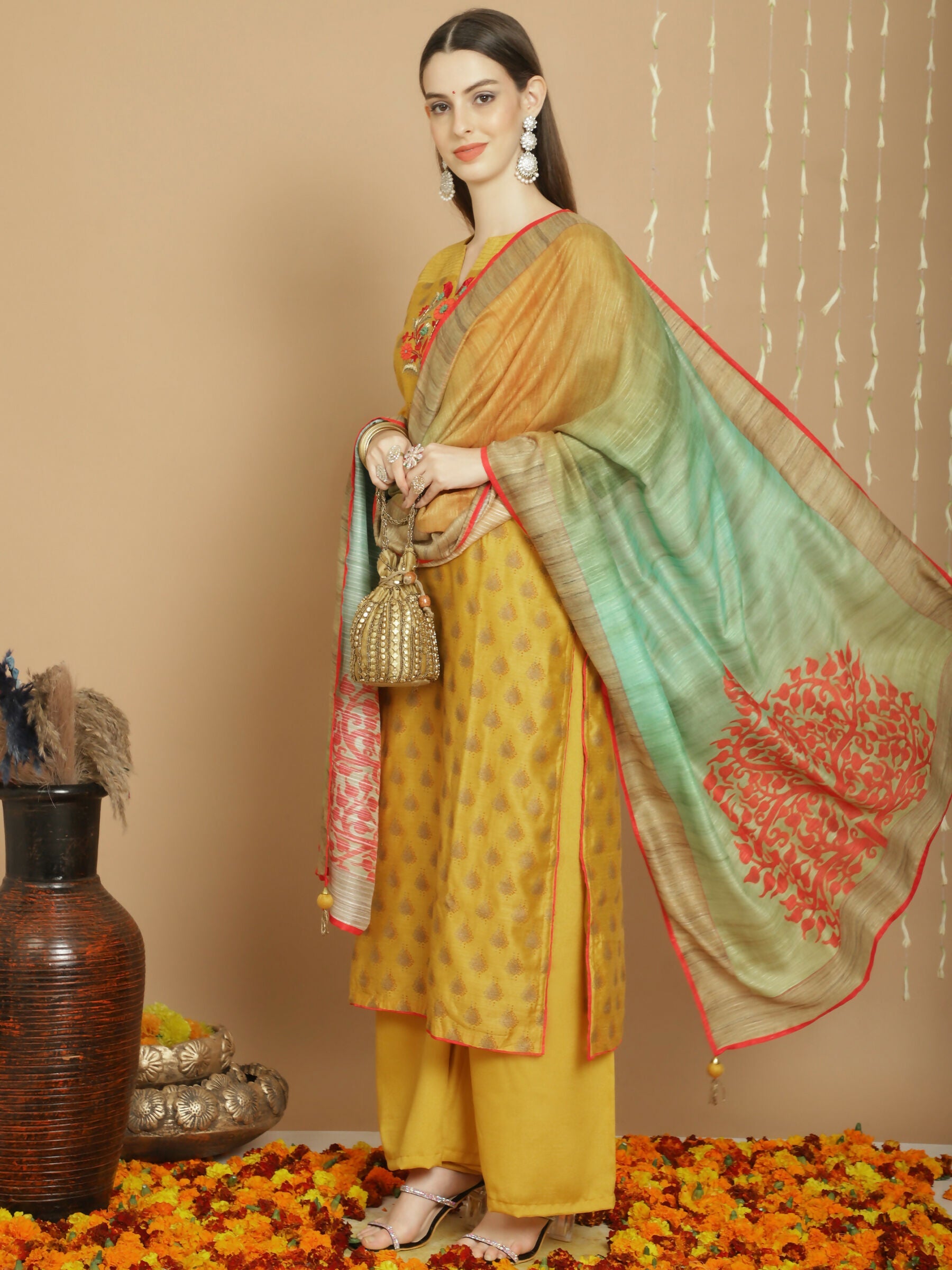 Yellow Chanderi Silk A-Line Kurta Set with Palazzo Pants