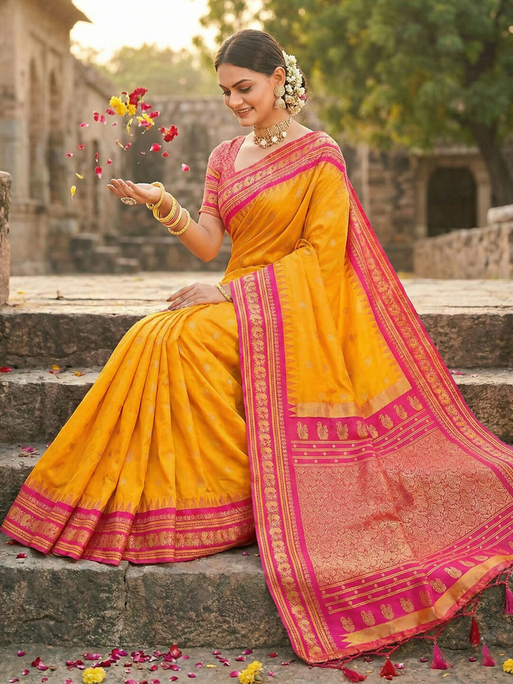 Yellow Soft Silk Saree with Matching Blouse Piece