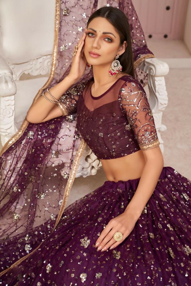 Wine Butterfly Net Lehenga with Zari and Sandwich Sequence Work