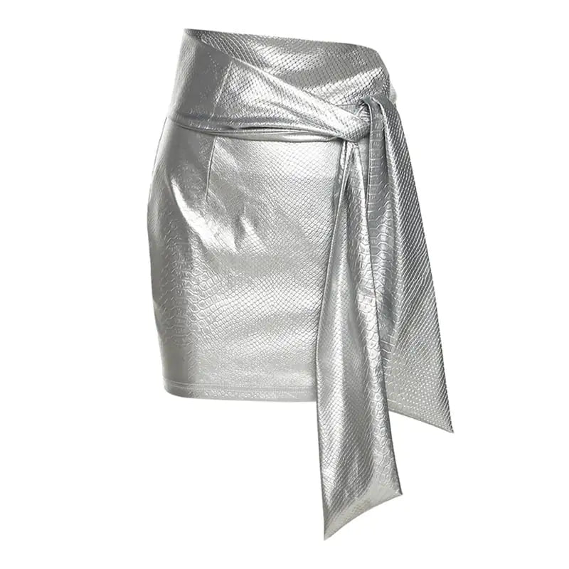 Silver PU Faux Leather Snake Print Lace-Up Skirt