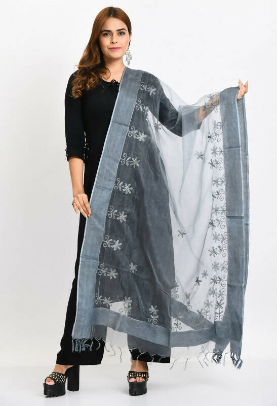 Elegant grey organza dupatta featuring detailed all-over Chikan embroidery work