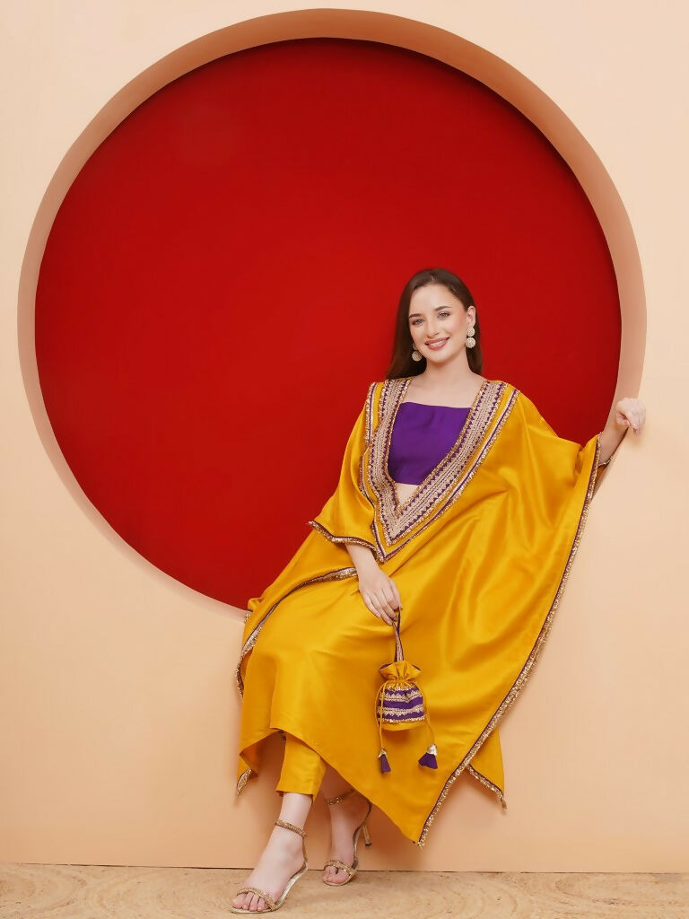 Yellow Kaftaan Set with Inner and Potli Bag - Bohemian Party Wear