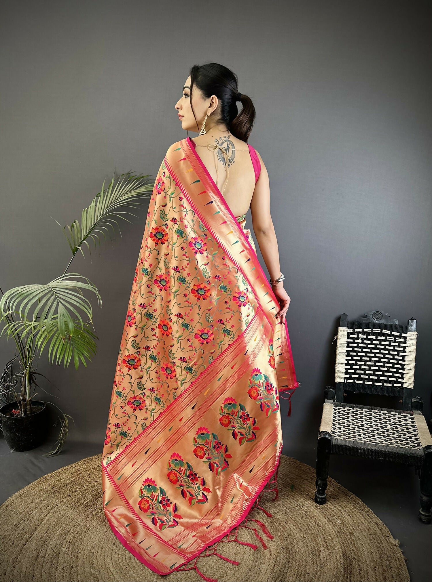 Rani Pink Floral Vine Pattern Soft Silk Paithani Saree
