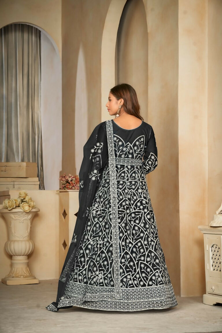 Black Net Embroidered Anarkali Kurta Pant Set with Dupatta