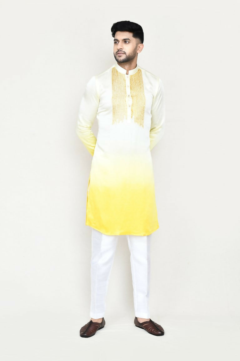 Elegant yellow satin silk kurta with matching straight-leg trousers.