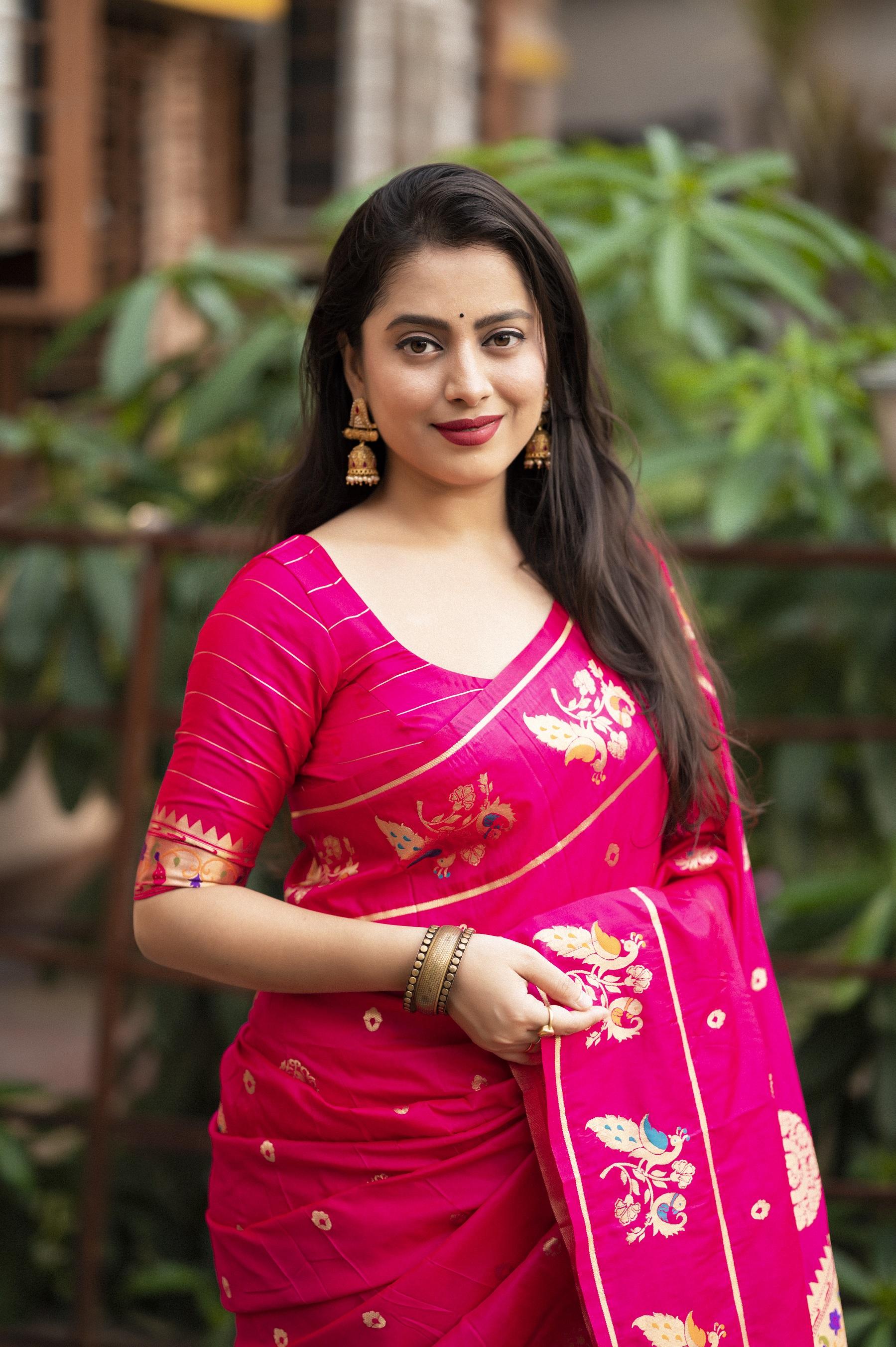Rani Pink Pure Silk Woven Saree with Gold Zari Pallu