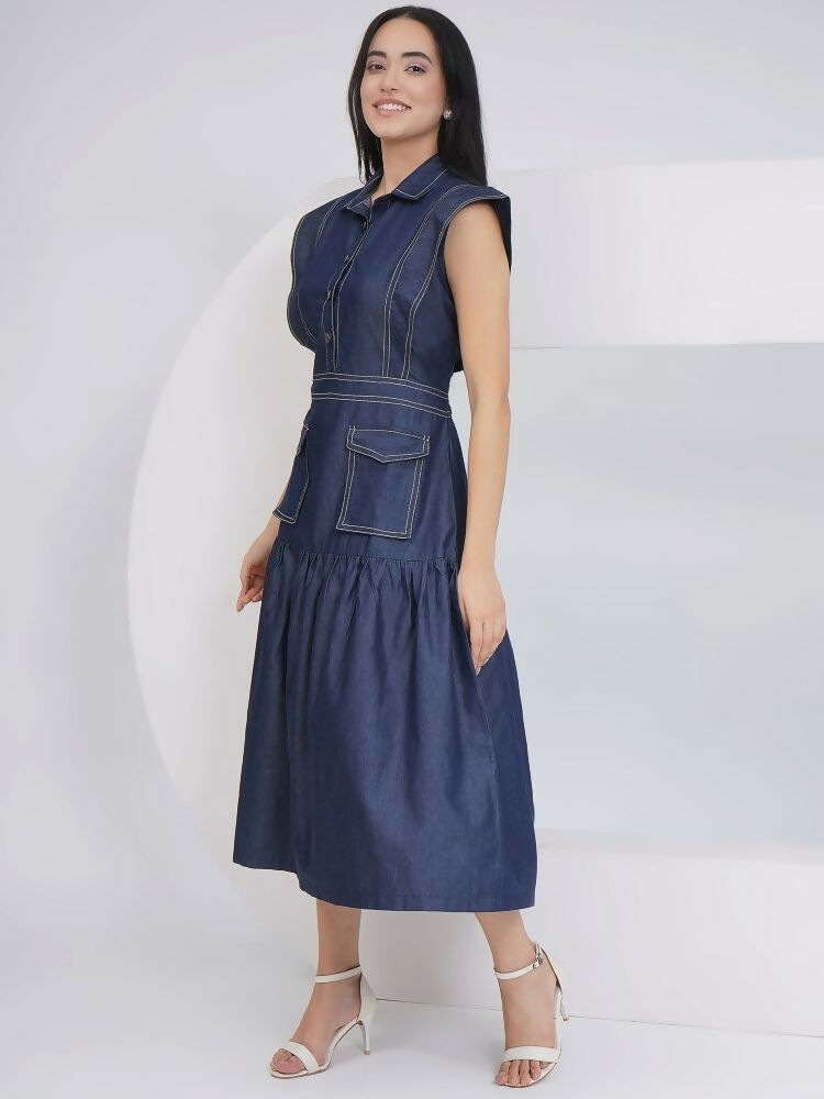Blue Denim Midi Dress with Sleeveless A-Line Silhouette