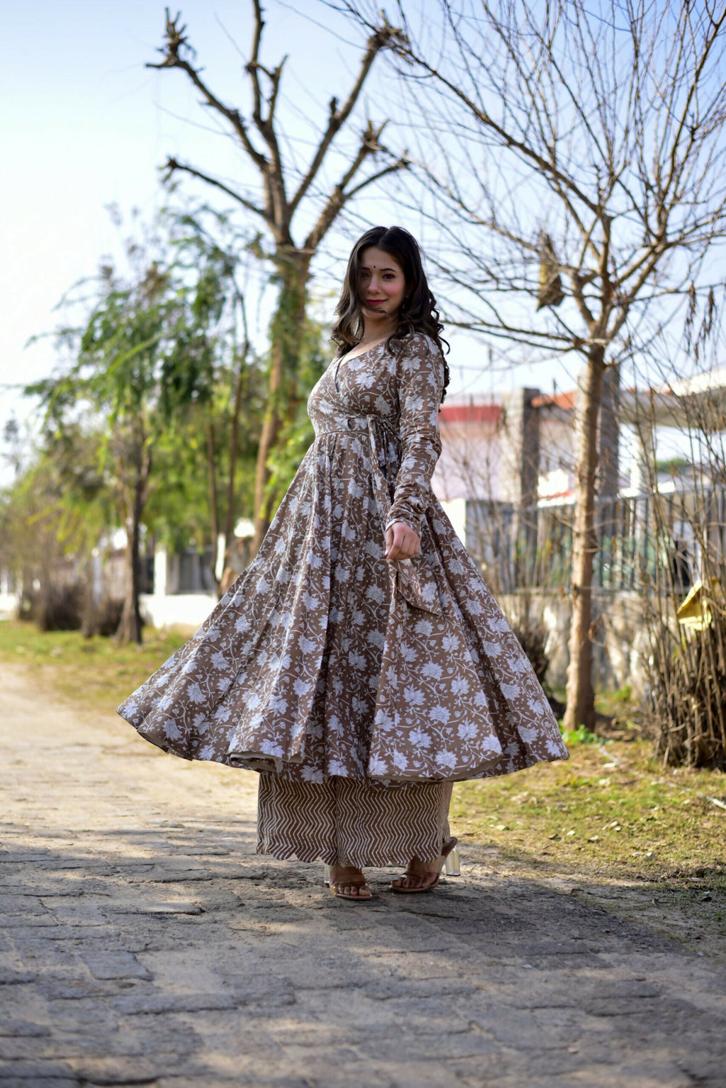 Women's Coffee Cotton Silk Digital Printed Kurta Palazzo Set