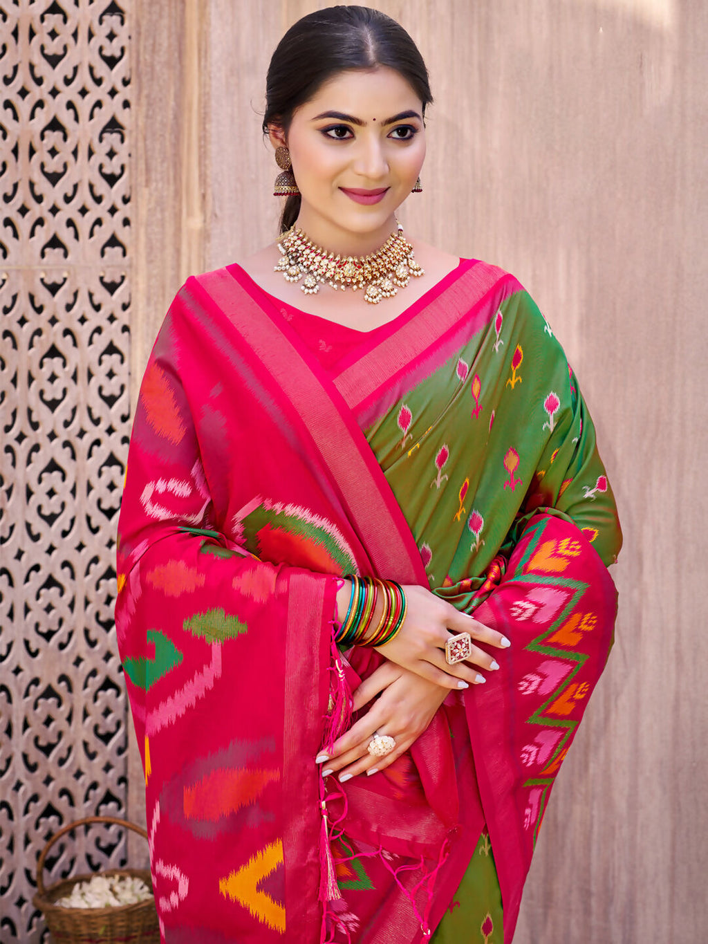 Mehandi Pochampally Silk Saree with Matching Silk Blouse