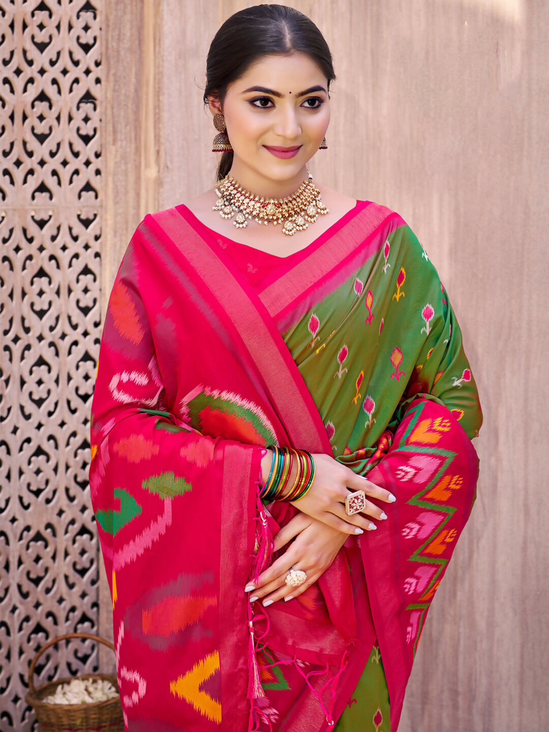 Mehandi Pochampally Silk Saree with Matching Silk Blouse