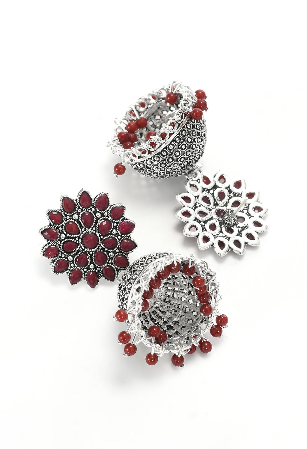 Traditional Kundan Jhumka Earrings with Rich Maroon Beads