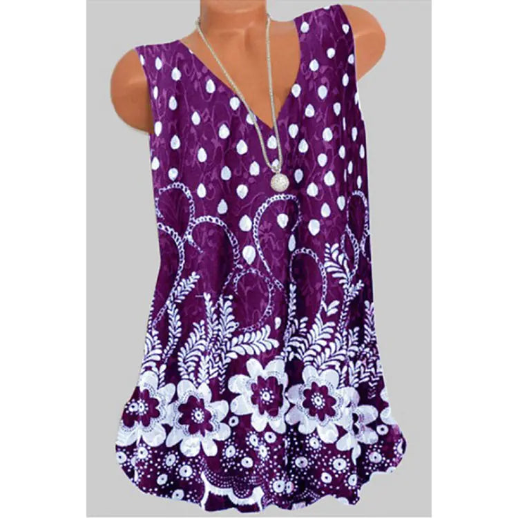 A sleeveless V-neck tank top for women featuring a white floral and dot pattern on a vibrant purple or black background.