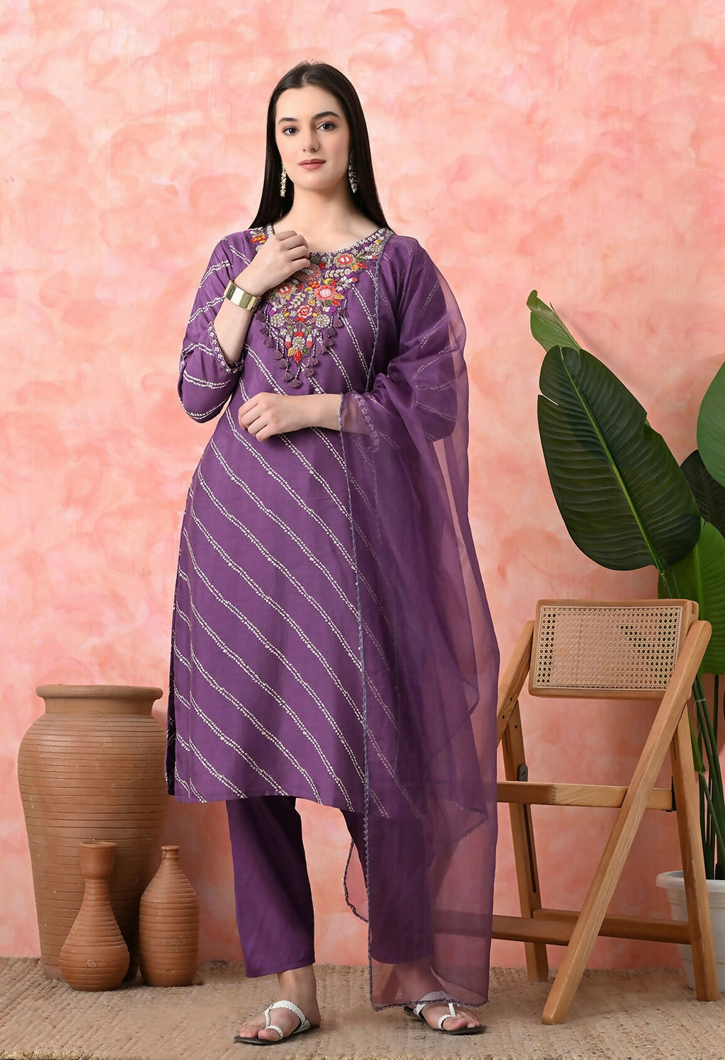 Mauve premium pure viscose dola printed kurta set with handwork and jam satin pants