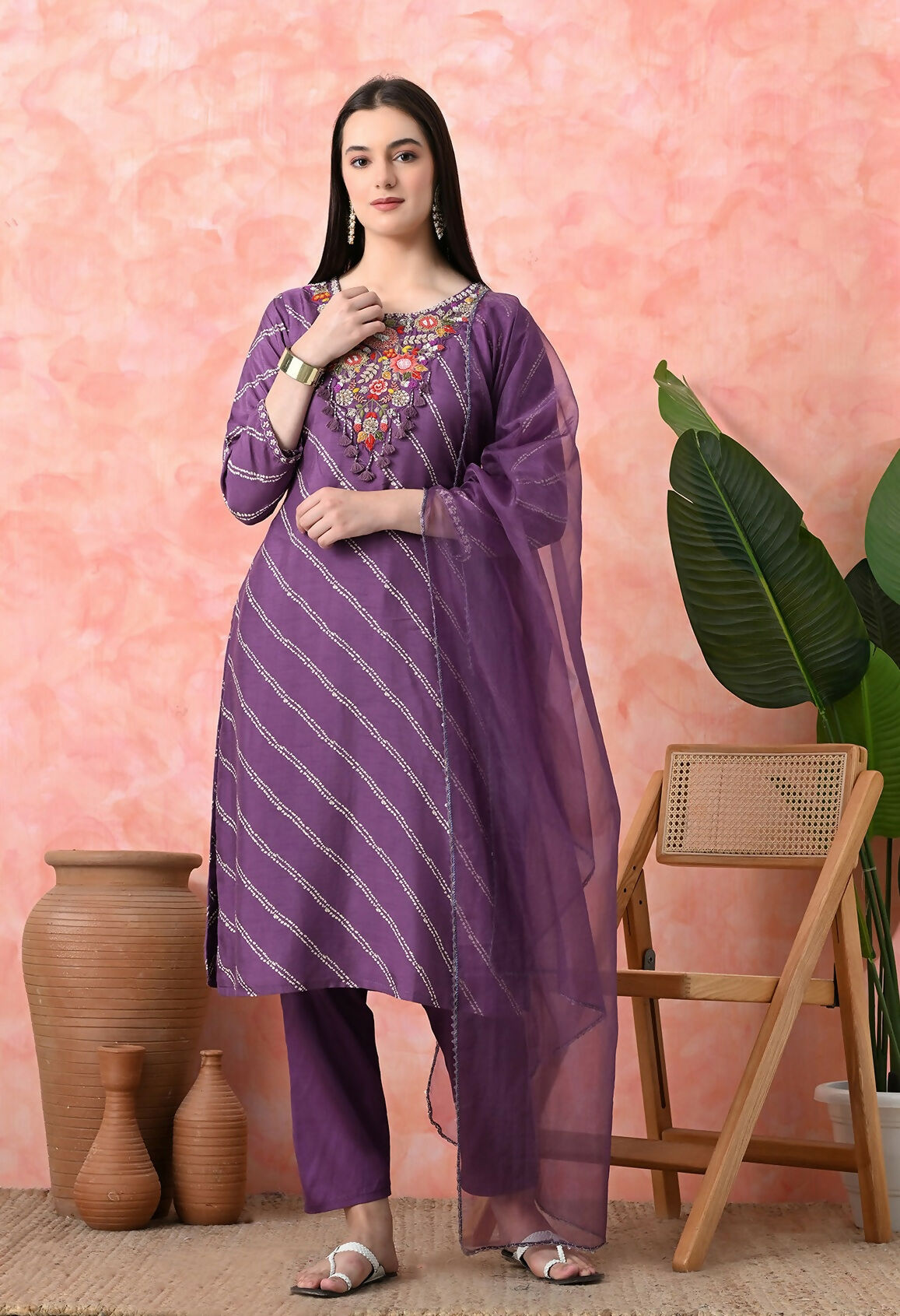 Mauve premium pure viscose dola printed kurta set with handwork and jam satin pants