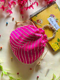 Pink synthetic potli bag with pearl handwork, 8x8 inch wedding clutch