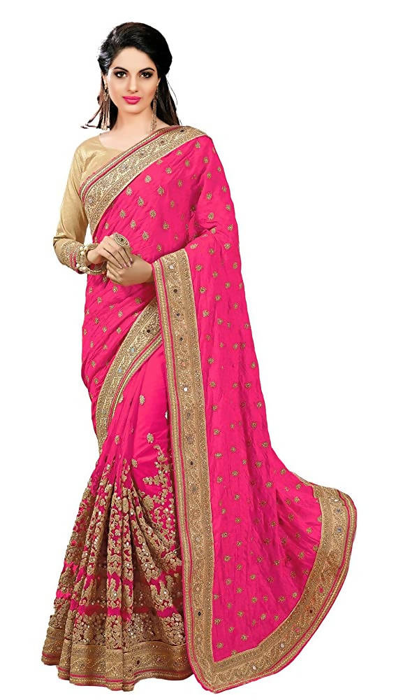 Light pink brocade silk saree featuring net detailing and a matching blouse piece