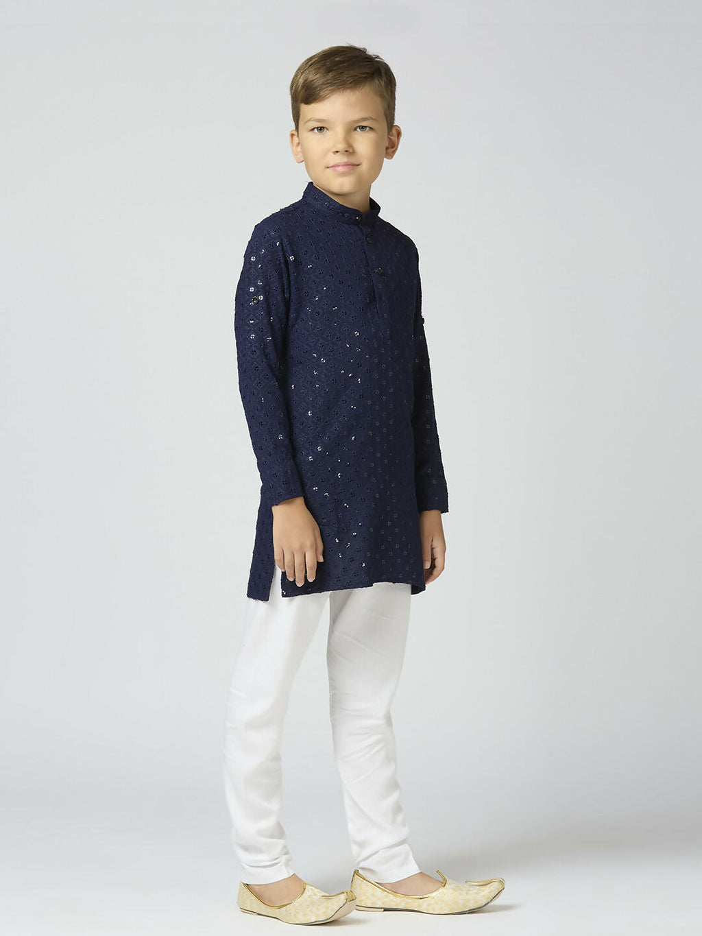 Boys Navy Blue Cotton Kurta and Pyjama Set with Sequin Embellishment