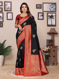 Elegant black Banarasi soft silk saree with gold small butti motifs and matching blouse piece