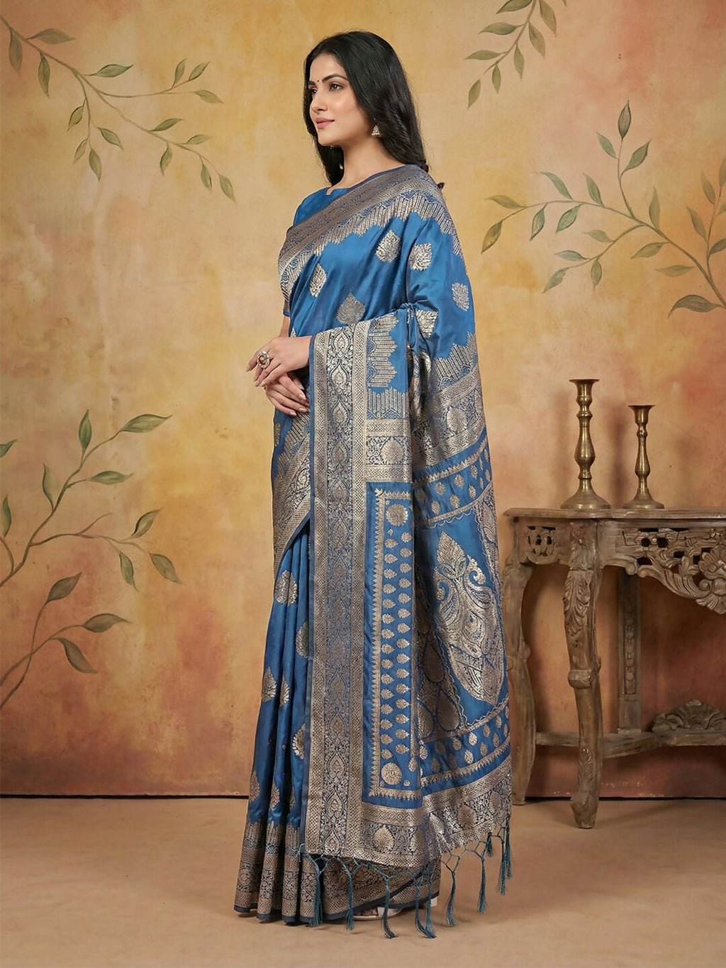 Sky Blue Silk Blend Saree with Matching Blouse Piece