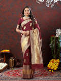 Maroon Soft Silk Saree with gold zari weaving