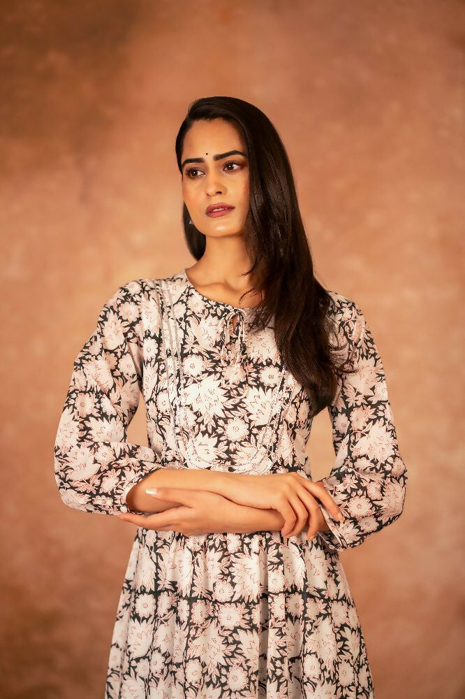 Black Floral Hand Block Printed Cotton Kurta Pant Set