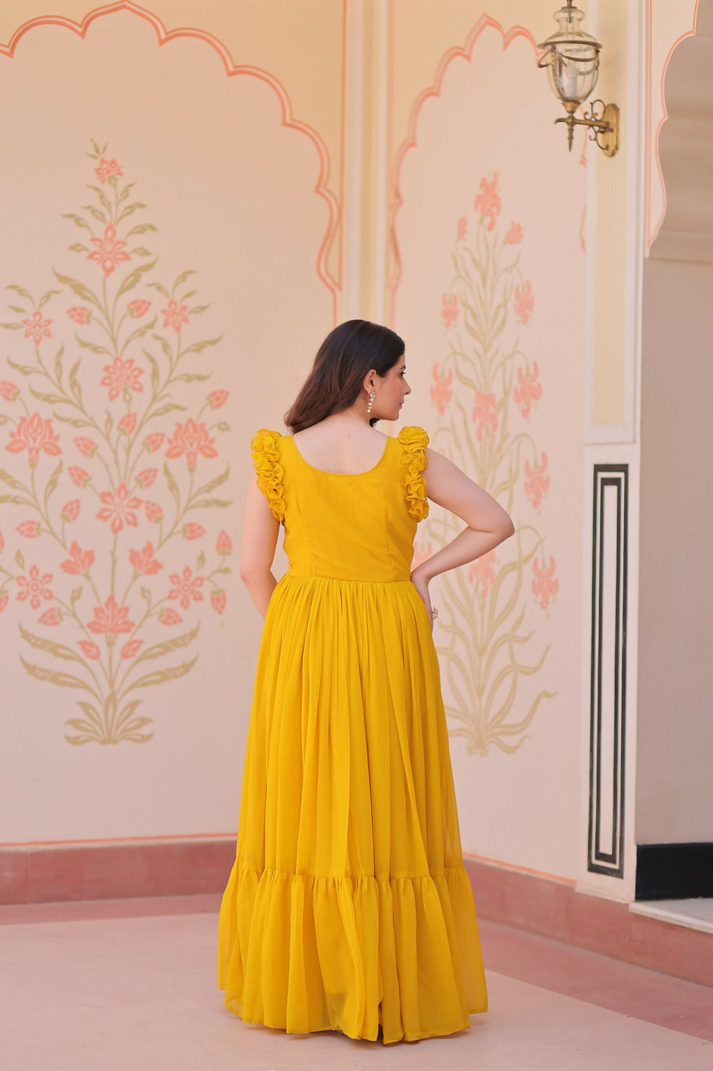 Yellow Georgette Gown with Shimmering Sequence Embroidery