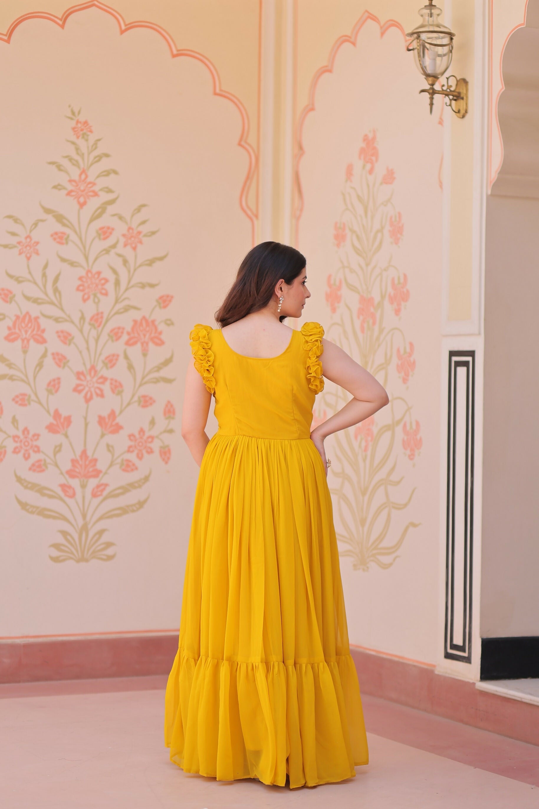 Yellow Georgette Gown with Shimmering Sequence Embroidery