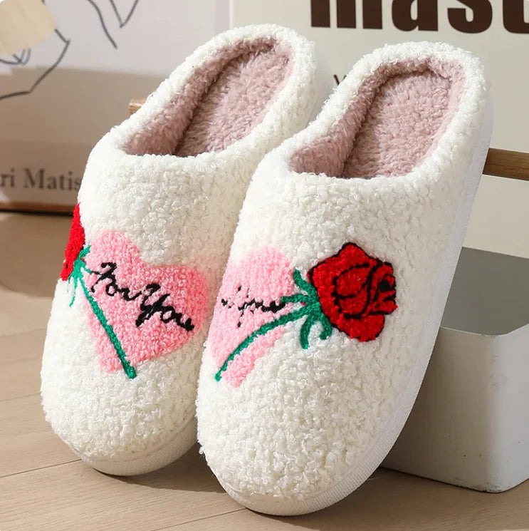 Women's Plush Heart Embroidery House Slippers White Cozy Footwear - Image 28