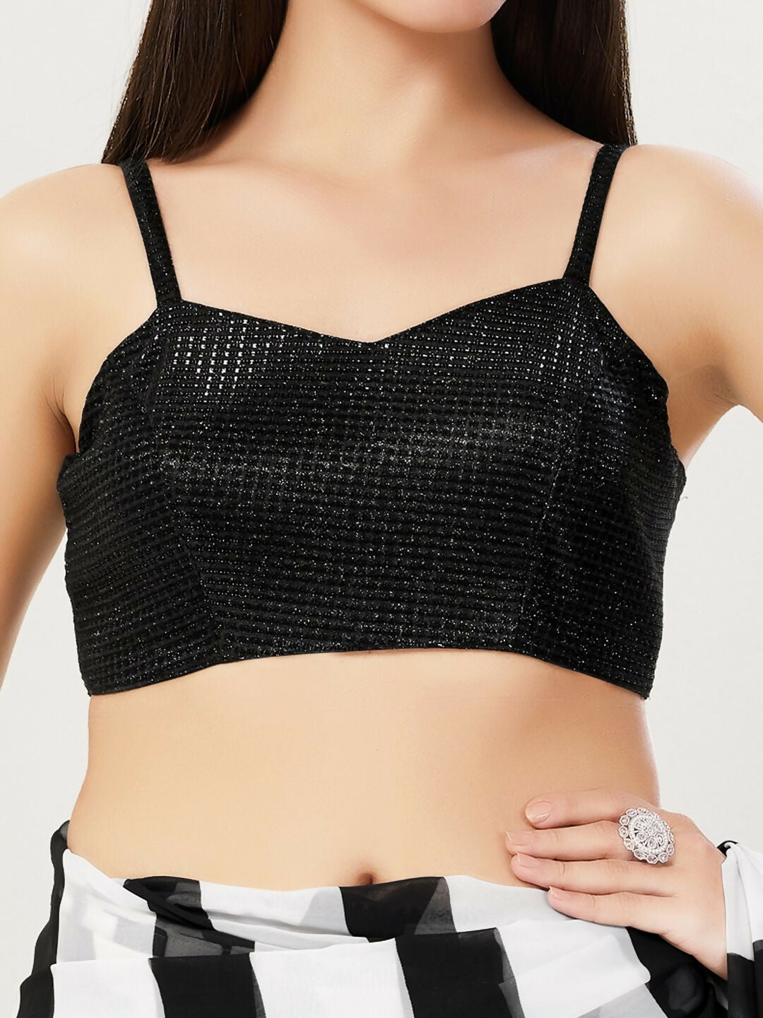 Women's Black Polyester Stitched Blouse with Square Neck