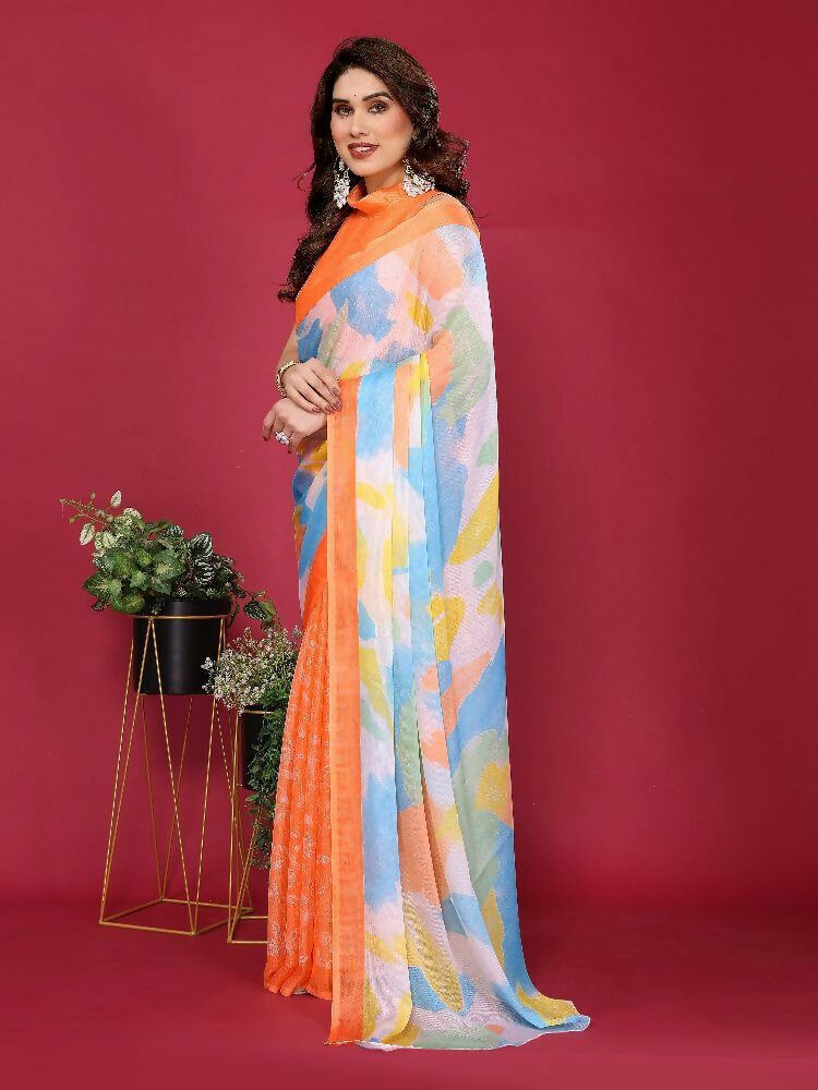 Orange Moss Chiffon Printed Saree with Matching Blouse