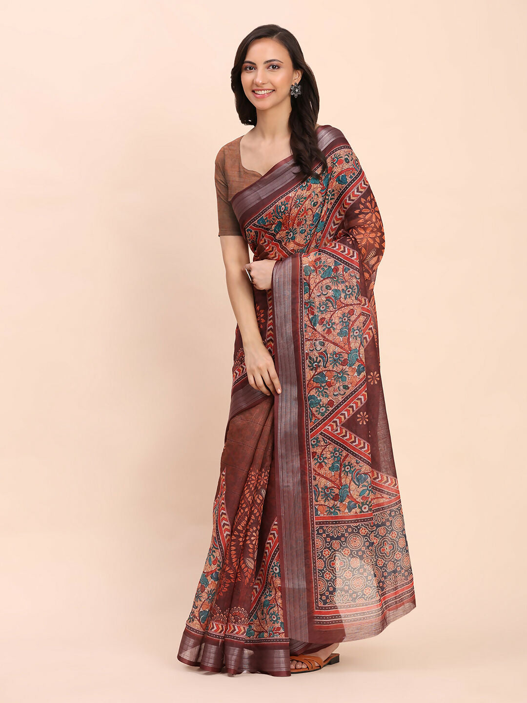 Breathable Brown Linen Cotton Saree with Matching Blouse