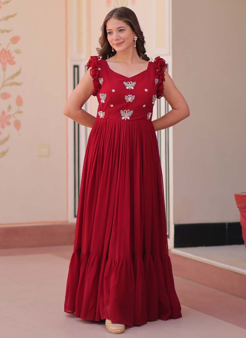 Maroon Georgette Embroidered Designer Gown for Formal Occasions