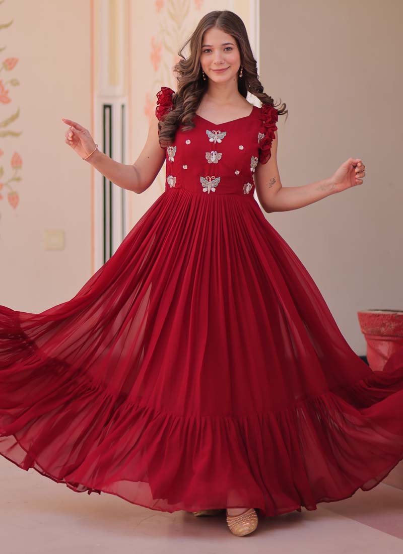 Maroon Georgette Embroidered Designer Gown for Formal Occasions
