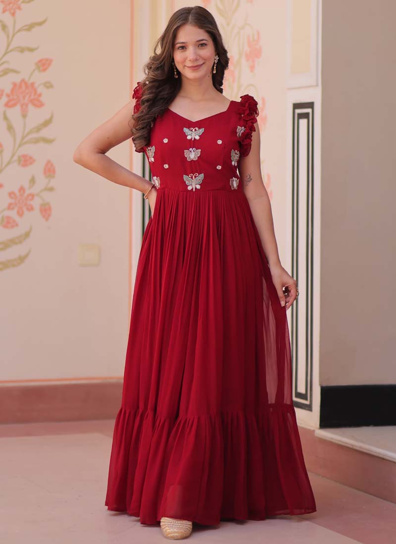 Elegant maroon georgette designer gown with intricate embroidery for festive events