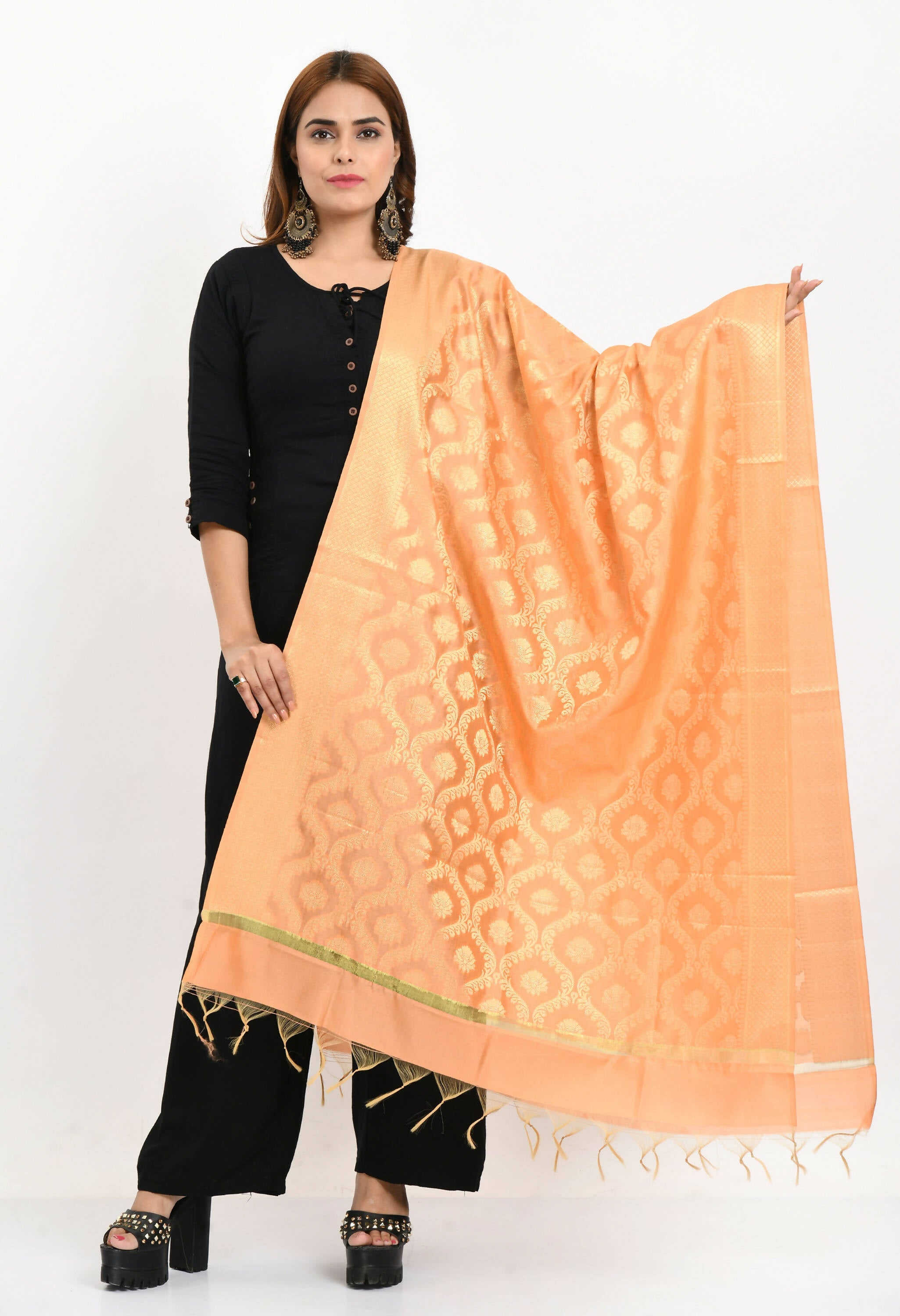 Peach Banarasi Silk dupatta with all-over gold geometric woven patterns