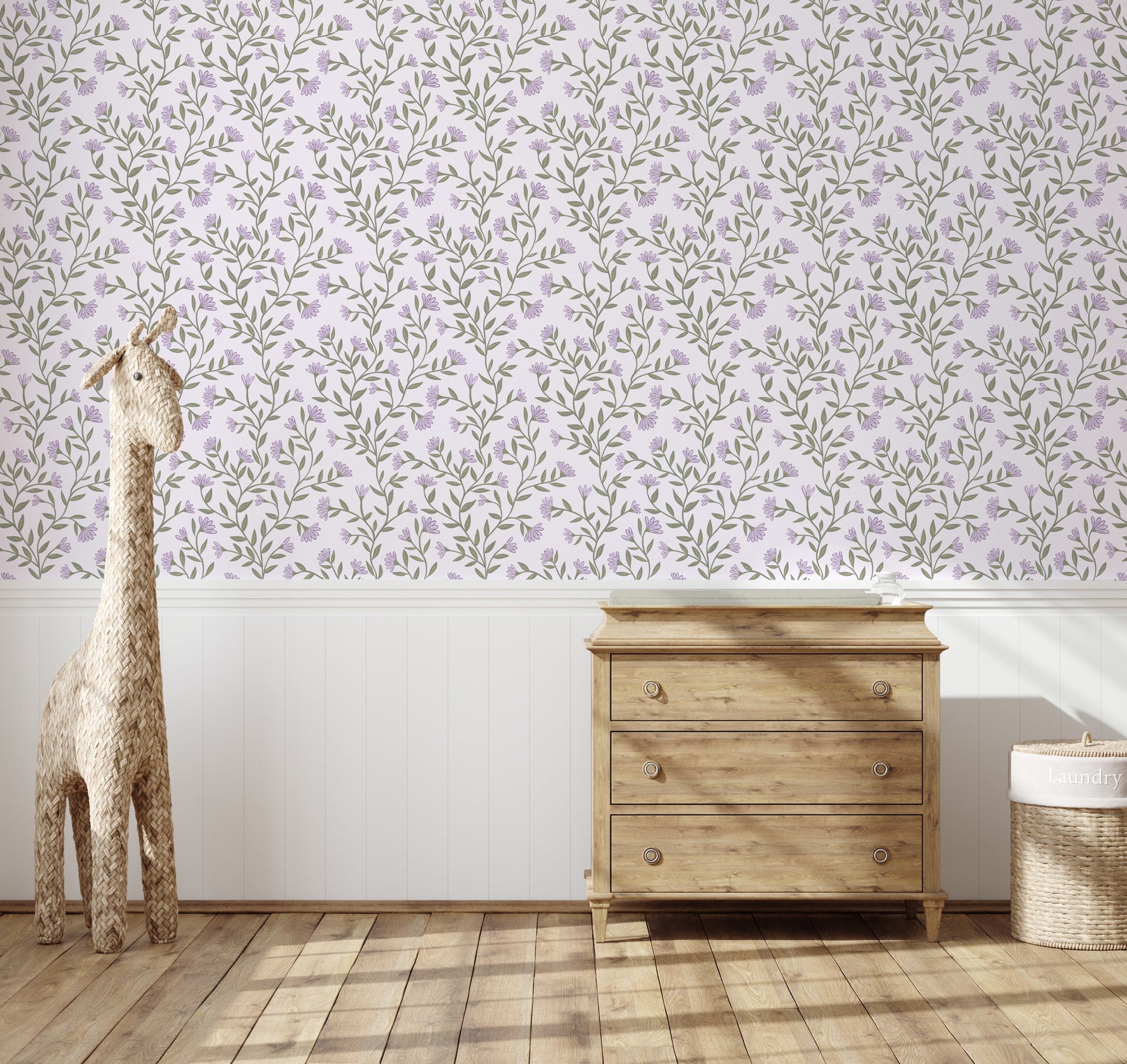 Kali Floral Wallpaper in Light Blue, Sage Green and White