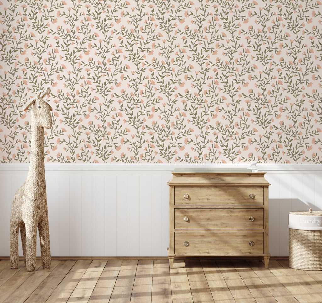 Kali Floral Wallpaper in Light Blue, Sage Green and White