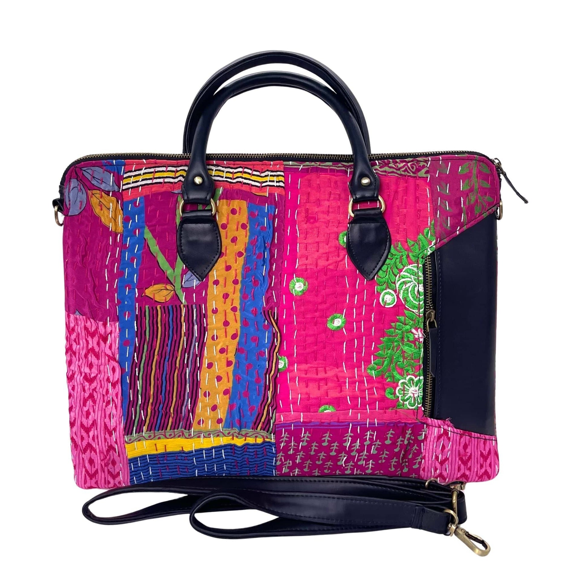 Vibrant Kantha patchwork laptop bag in fuchsia and navy-blue with faux leather handles.