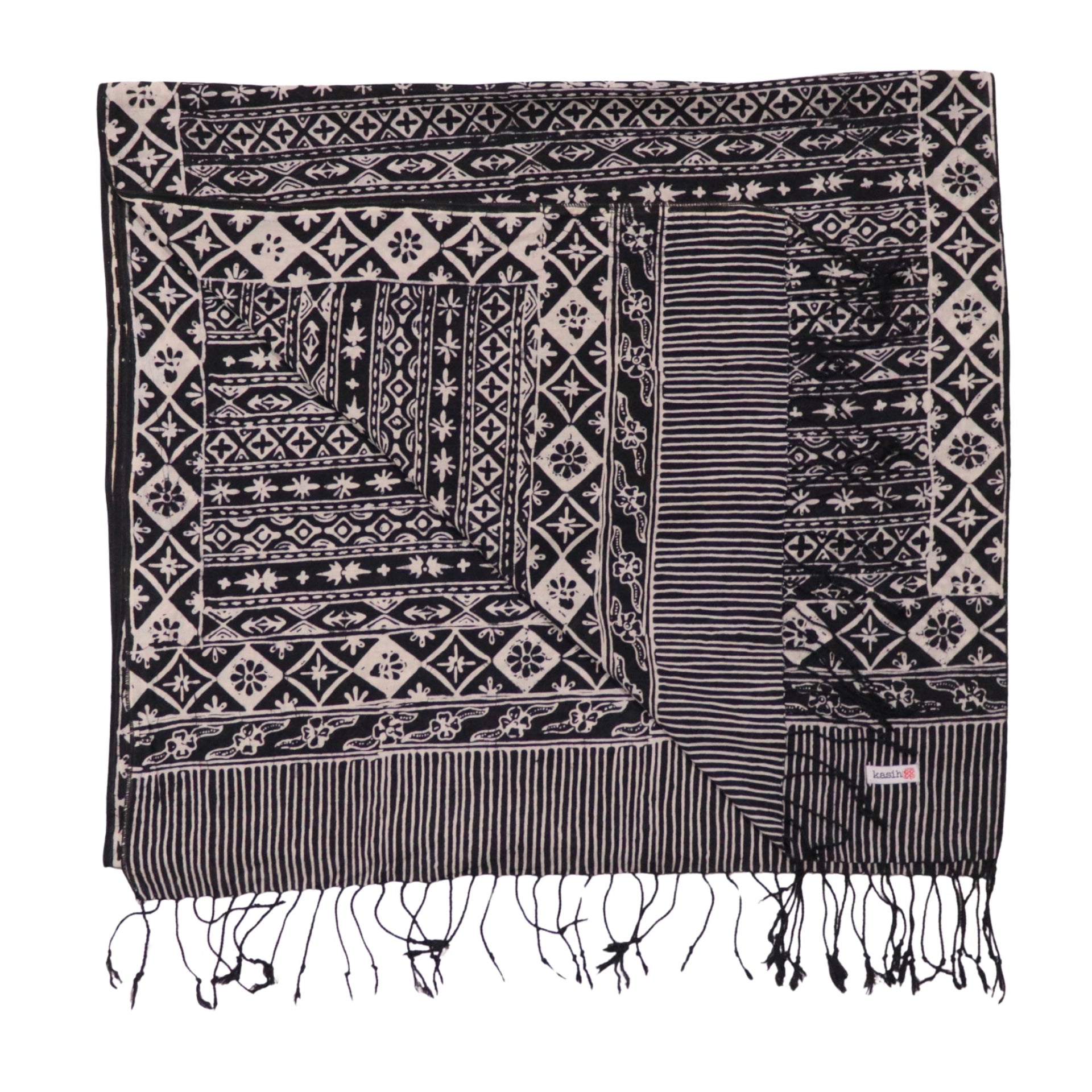 Hand Dyed Batik Scarf, 100% Cotton Fabric, Black White, Geometric
